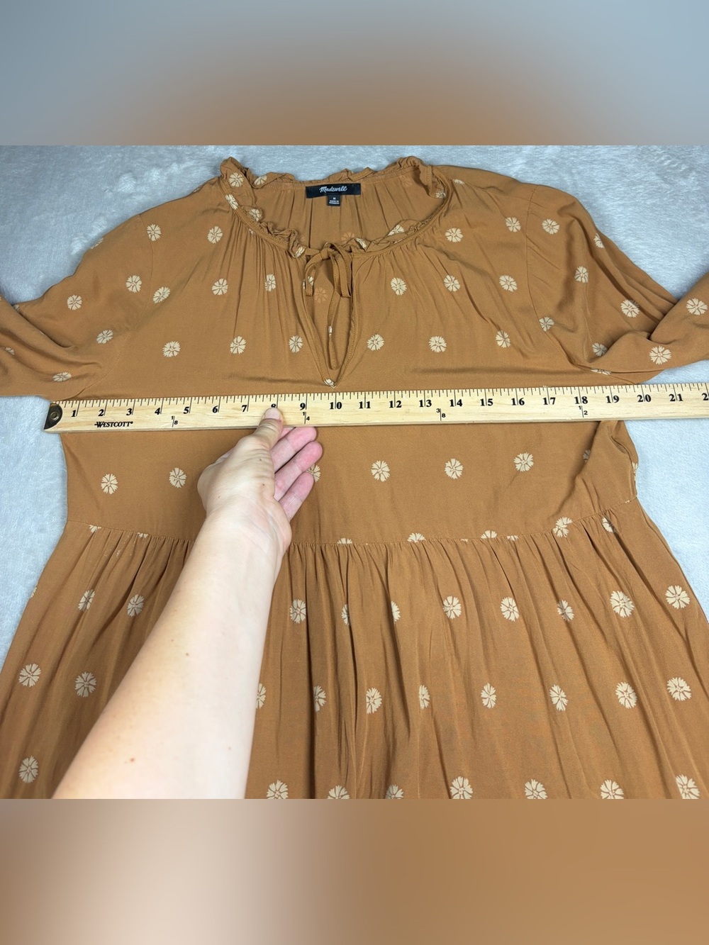Madewell Bloom Dot Warm Hickory Cream Tan Tiered Ruffle Tie Neck Mini Dress M - Picture 11 of 17